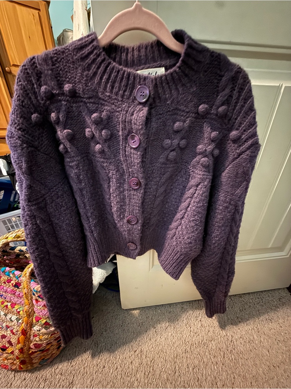 Listicle Purple Chunky Bobble-Detail Button Cardigan